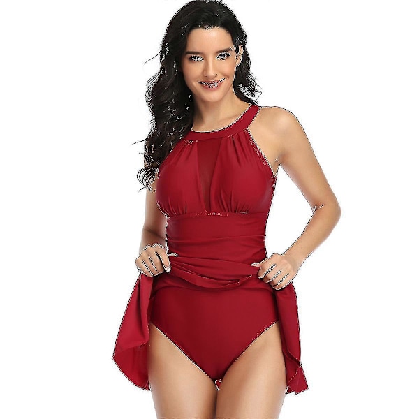 Dam Baddräkt Hel Baddräkt Hög Hals Retro Mesh Rynkad Mage Kontroll Baddräkter Kjol Plus Size Baddräkt Klänning Red M