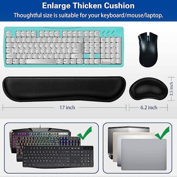 Håndledsstøtte, tastatur håndledsstøtte og musehåndledsstøttesæt, blødt stof memory foam gaming håndledsstøtte