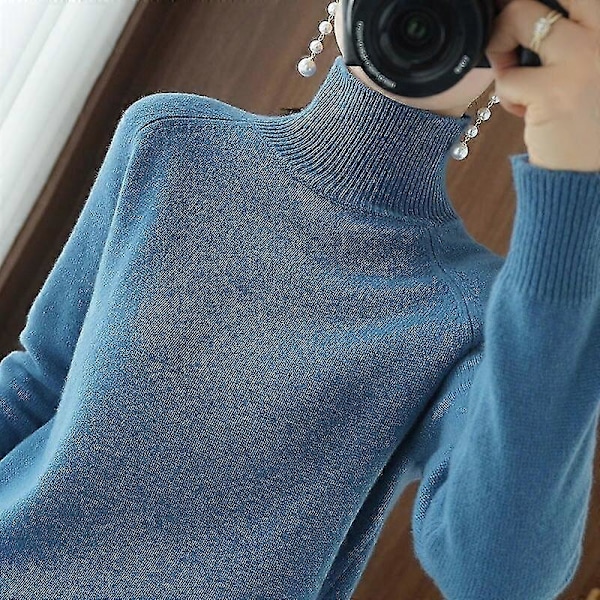 Dame Turtleneck Cashmere Sweater Efterår og Vinter Ensfarvet Strikket Pullover Blue S