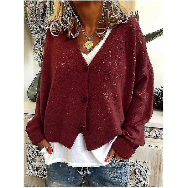 Damtröja Stickad Casual V-ringad Enfärgad Kofta Wine Red L