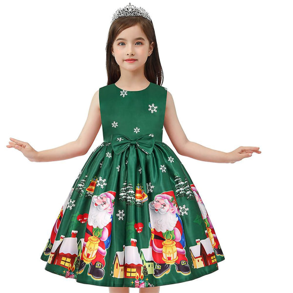 Jul Barn Flickor Ärmlös A-linje klänning Print Bowknot Swing Skater Klänningar Kvällsjulfest Balklänning Kostym Green 8-9 Years
