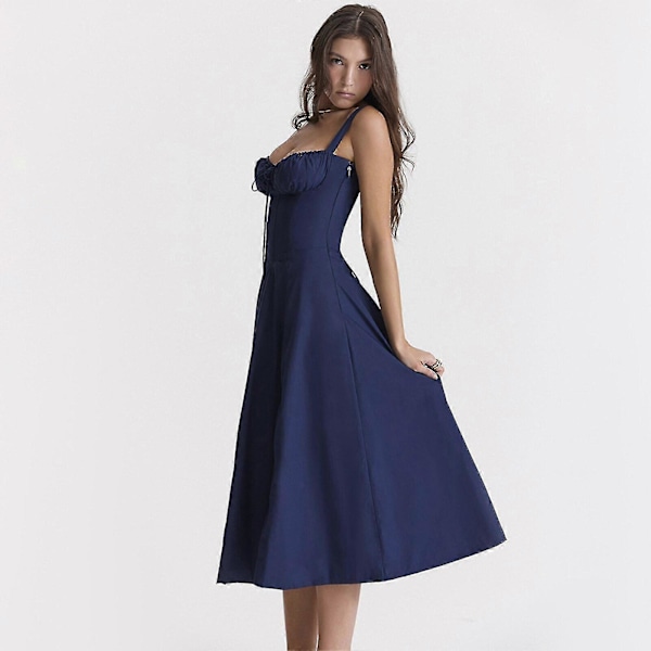 Dame Sommer Blomstret Rygløs Maxikjole Sexet Ærmeløs Lavt Skåret Kjole Bodycon Spaghetti Strop Lang Kjole, 40% Rabat Navy blue XS