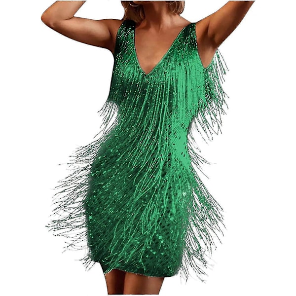 Cocktailklänningar för Kvinnor Sexig Djup V-ringning Heltäckande Fransar Spaghettiband Klänning Paljetter Fjäder Bal Festklänning 2-green X-Small