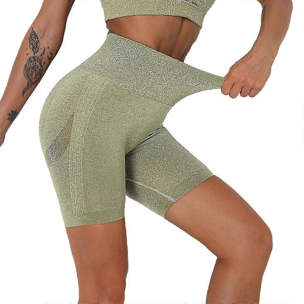 Sömlösa sportshorts för kvinnor, hög midja, yoga shorts, fitness, slimmade gym leggings Light green XL