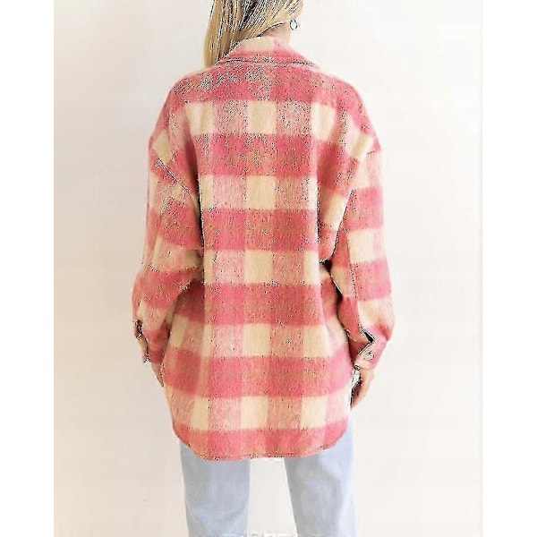 Vinter Ulljakke Casual Rutete Flanell Shacket Jakke Oversized Knapp Ned Lang Ermet Høst Skjortejakke Kåpe Topper Jakke Kvinner PINK XL