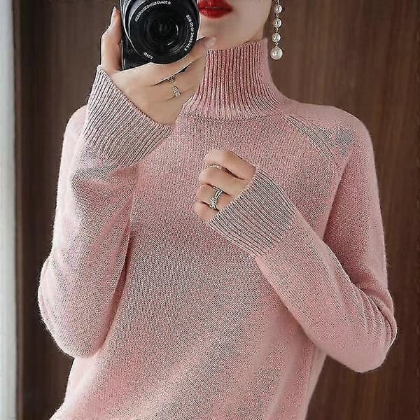 Dam Turtleneck Cashmere Tröja Höst Och Vinter Enfärgad Stickad Pullover Pink XL