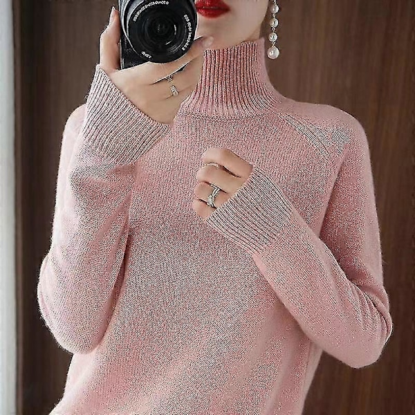 Naisten poolokauluksinen kashmirneulepusero syksyyn ja talveen, yksivärinen neule Pink XL