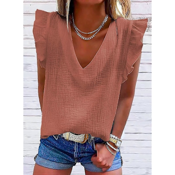 Dame Søt V-hals Ruffle Ermeløse Skjorter Elegant Tanktopper Bluser S-2xl Style1 M