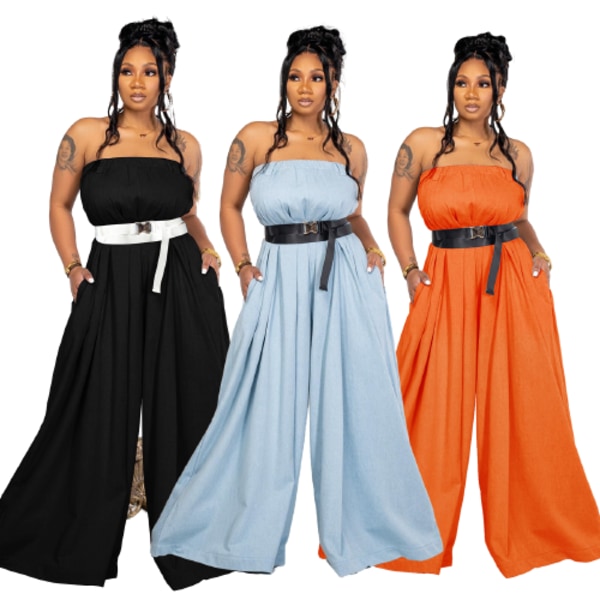Sommermote lang tubetopp løse vide ben bukser jumpsuit med belte orange S