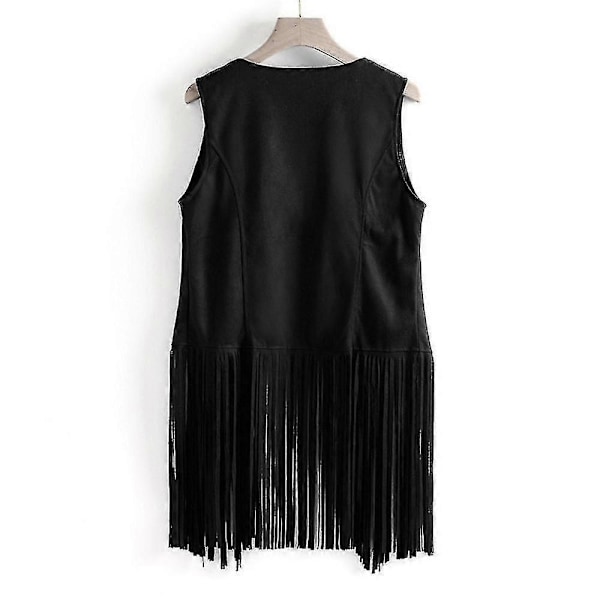 Dame Tassel Ærmeløs Vest 70'er 1970'er Hippie Faux Suede Veste Fringe Jakke Cardigans Black M