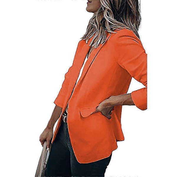 Dame Ensfarvet Åben Front Revers Blazer Langærmet Arbejde Kontor Cardigan Jakke Orange S