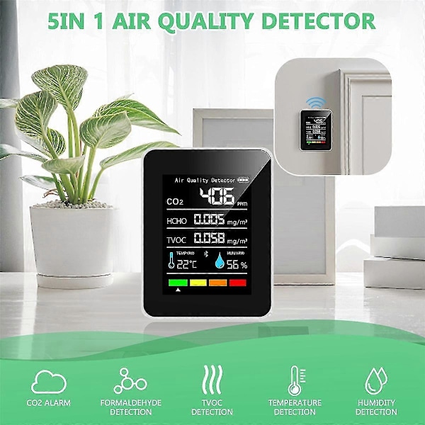5-i-1 CO2-måler Digital Temperatur Fugtighedstester Kuldioxid Detektor Luftkvalitetsmonitor TVOC HCHO Analysator-b