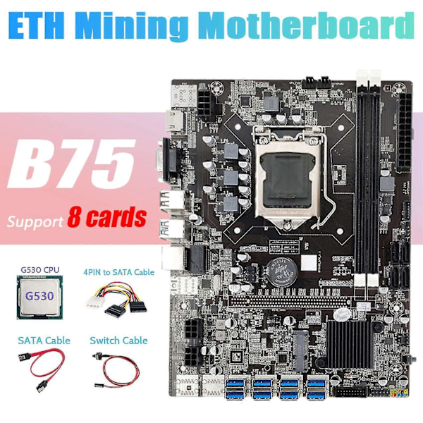 B75 Eth Mining Hovedkort 8xpcie Til Usb+g530 Cpu+4pin Til Sata Kabel+sata Kabel+bryterkabel Lga115