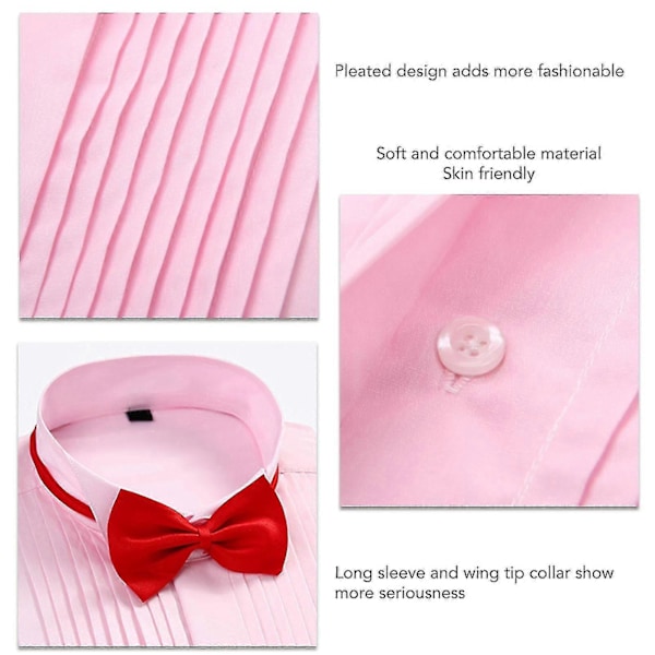 Bröllopsfrackskjorta med vinge, fluga, plisserad skjorta, manschettknappar, långärmad, vanlig topp för män Pink 42