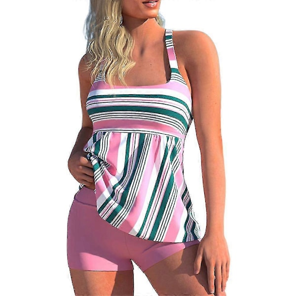 Randig Tankini Bikini Set för Damer med Push Up och Vaddering Pink 4XL