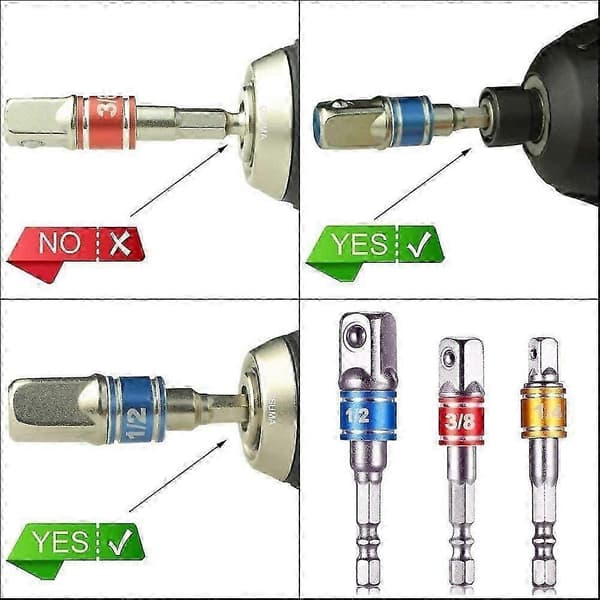 Socket Adapter til Elværktøj, 3 Hex Socket Adaptere 1/4\" 3/8\" 1/2\" Tilslutningshovedforlænger med Tape