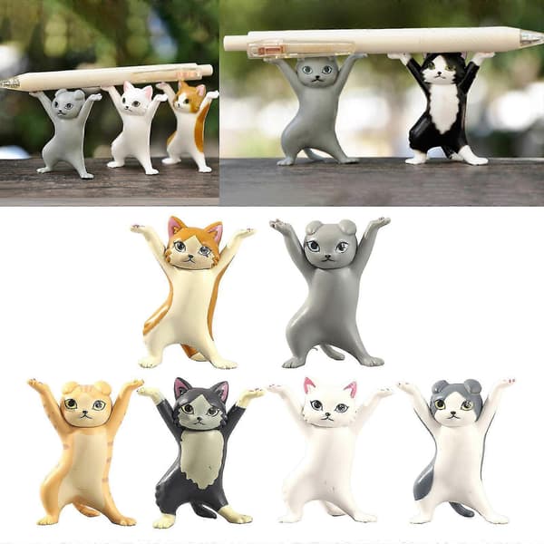 6 stk. Dansende Kat Figur Pen Holder Model Legetøj Sjov Kat Ornament Til Computer Studie Skrivebord