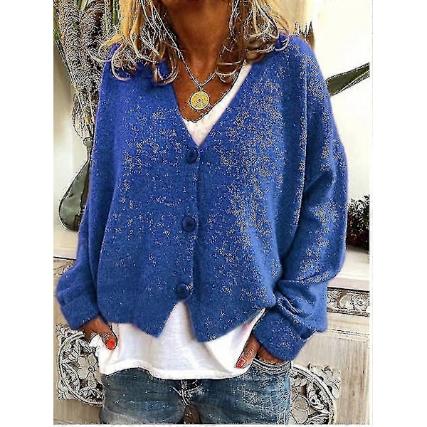 Dame Sweater Strikket Casual V-hals Ensfarvet Cardigan Sweater Blue S