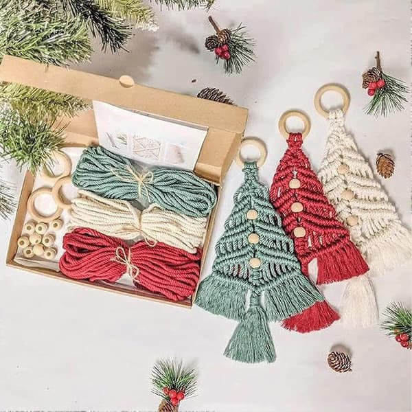 DIY Julgran Macrame Kit Bomullsrep Flätningsset Handstickning Boho Jul Tofsinredningskit för Nybörjare H