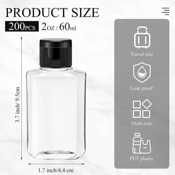 100 st 2 oz Klar Handspritflaskor med Flip Cap Plast Tomma Återanvändbara Påfyllningsbara Flaskor Bärbar Resa (Svart Lock)