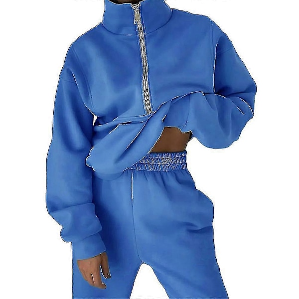 Dam Tvådelad Träningsdräkt Långärmad Dragkedja Hög Hals Hoodie Sweatshirt Med Träningsbyxor Joggingdräkt Set Blue L