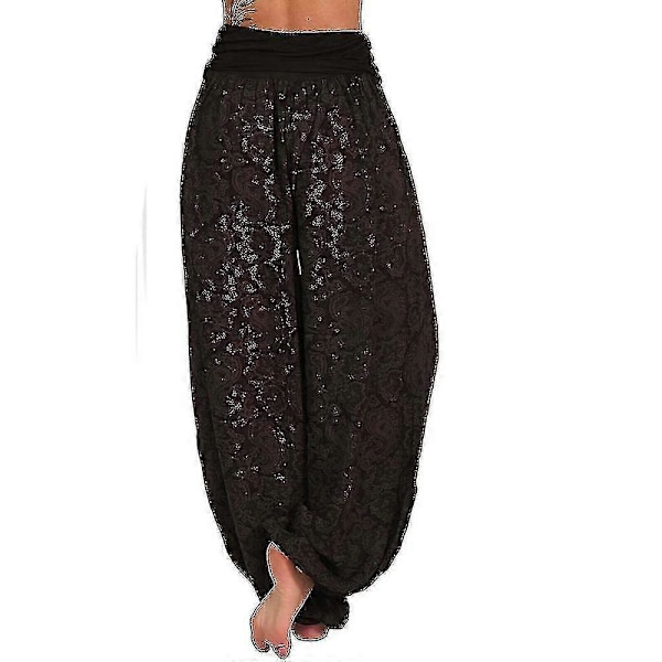 Bohemiska Haremsbyxor för Kvinnor med Paiey-tryck, Gypsy Ali Baba Yoga Palazzo, Lösa Hippiebyxor, Bloomers med Smockresår i Midjan Coffee L