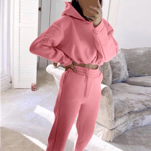Kvinnors casual beskuren huvtröja + byxor med elastisk midja Sportkläder Pink XL