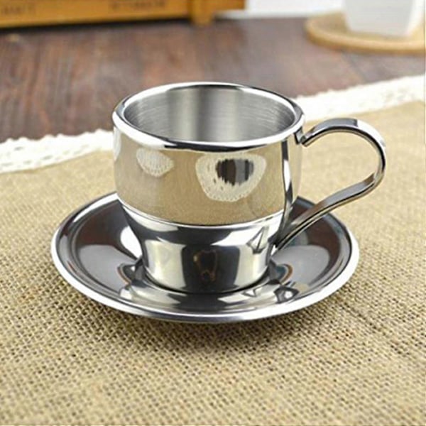 2x Rostfria Kaffekoppar Set / Kaffeset / Tekoppar Set / Teset, Kaffekoppar Med Fat