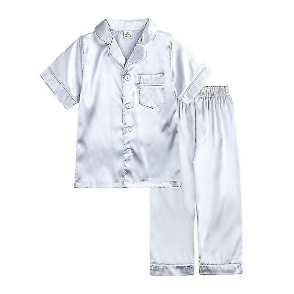 Barn Småbarn Baby Flicka Pojke Satin Pyjamas Set Lång Kort Ärm Knäppning Pyjamasskjorta Topp+byxor Underdelar Sovkläder Outfits Style B Silver 4-5 Years