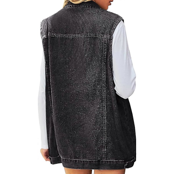 Ärmlös jeansjacka för damer med knäppning – Mellanlång väst Black Large