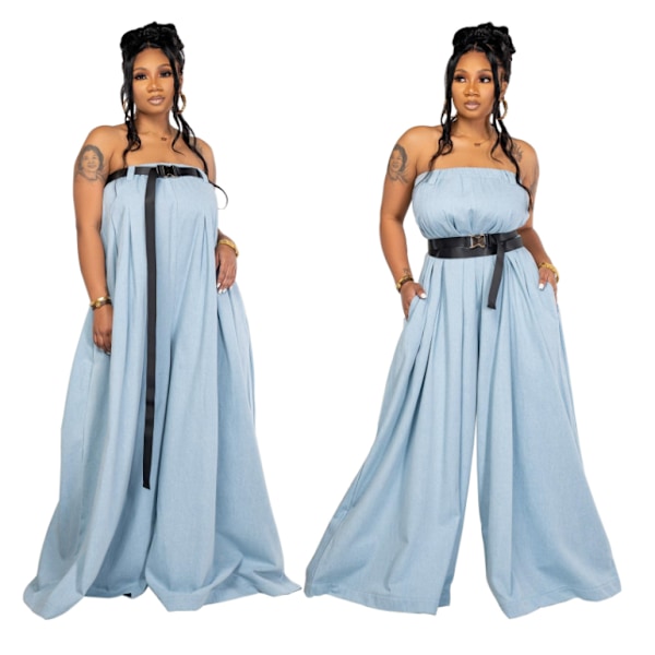 Sommermote lang tubetopp løse vide ben bukser jumpsuit med belte blue XL