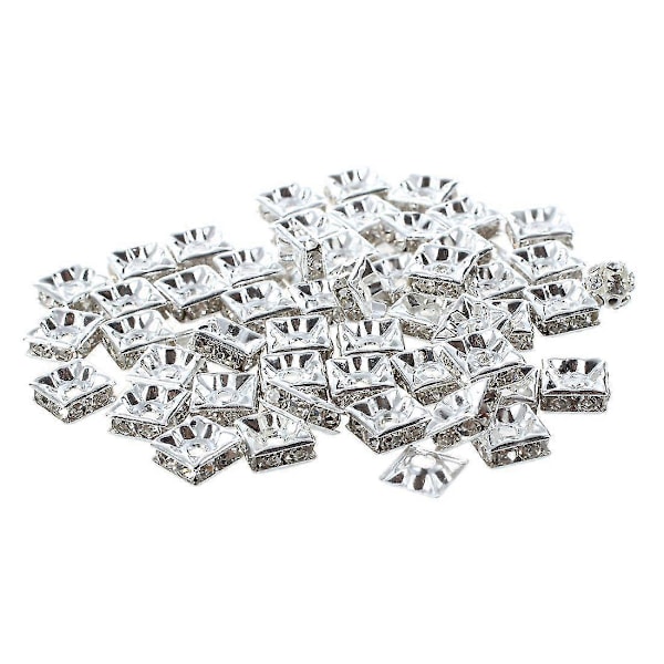 50 Hopeanväristä neliönmuotoista strassikivellistä Rondelle-välihelmeä 8mm Hot