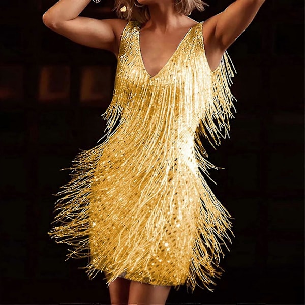 Cocktailkjoler til kvinder Sexet dyb V-hals Allover Frynser Spaghetti Stropper Kjole Pailletter Fjer Prom Festkjole 2-gold Medium