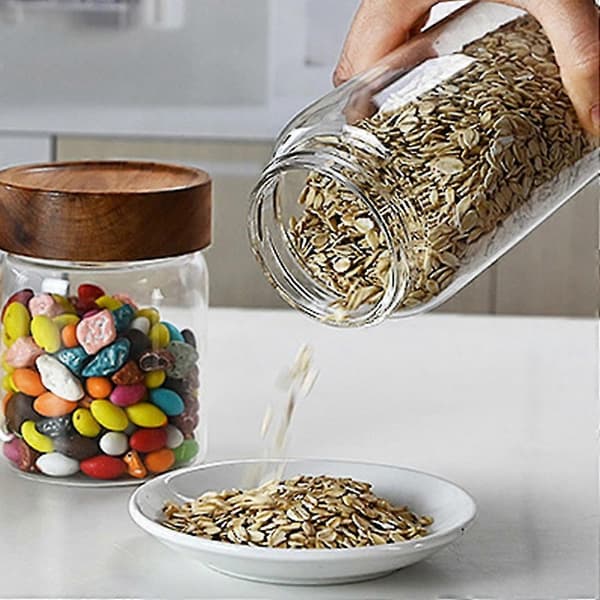 Glasburk med trälock, lufttät matbehållare för te, kaffebönor, köksförvaringsflaskor, förseglad burk