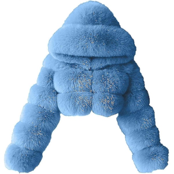 Faux Fur Pelsjakke Dame Med Hætte Cropped Bubble Frakker Fleece Kort Varm Jakke Størrelse Frakker Til Kvinder 4X-Large Sky Blue
