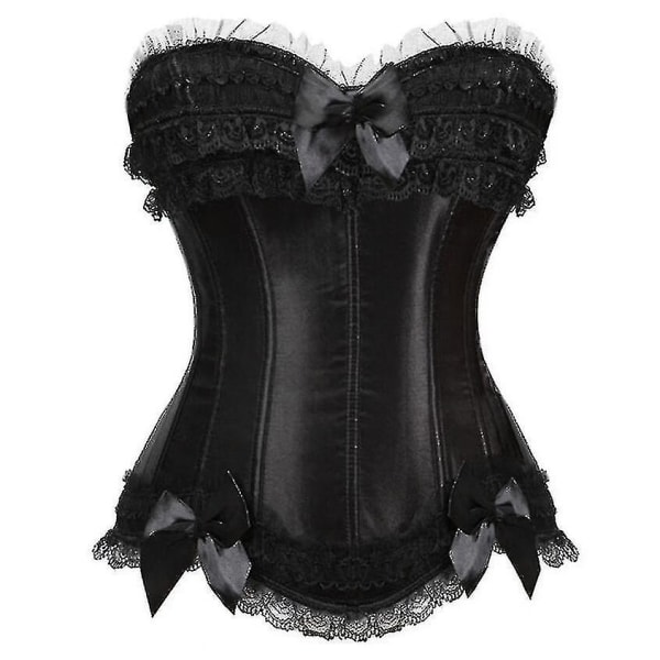 Tflycq S-6xl Satin Spets Bow Trim Zip Side Overbust Korsetter Burlesque Showgirl Lace Up Corset Bustiers Sexig Corselet Bodyshaper Topp Svart