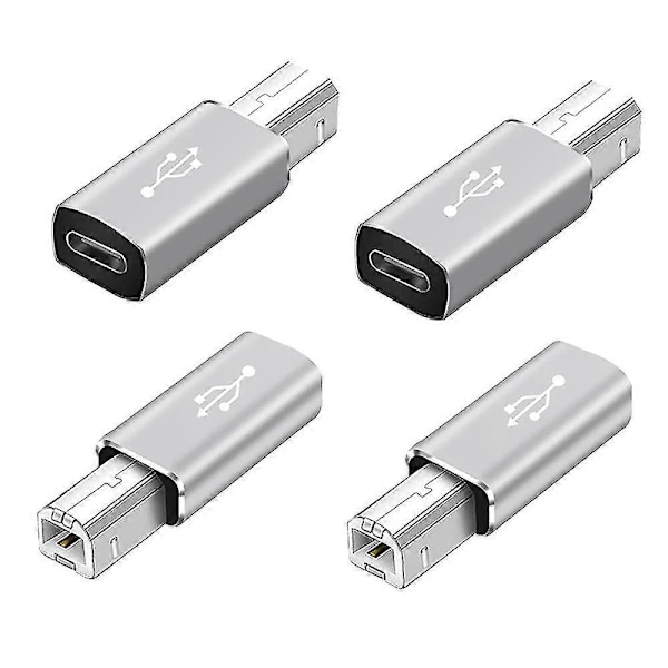 4 Pak USB C til USB B Adapter, Type C til USB Midi Adapter Kompatibel Midi Controller, Midi Keyboard, audio Interface, sølvgrå