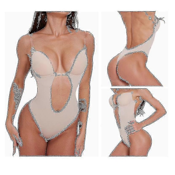 Naisten selästä avoin body muotoileva U-kaula-aukko saumaton stringi syvällä V-pääntieellä hääpukuun - 5 Beige XL(38)