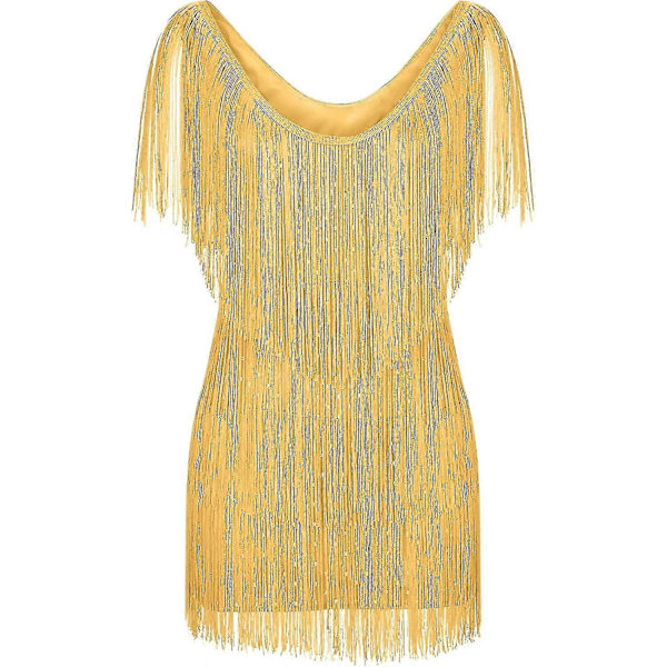 Cocktailkjoler til kvinder Sexet dyb V-hals Allover Frynser Spaghetti Stropper Kjole Pailletter Fjer Prom Festkjole 2-gold XX-Large
