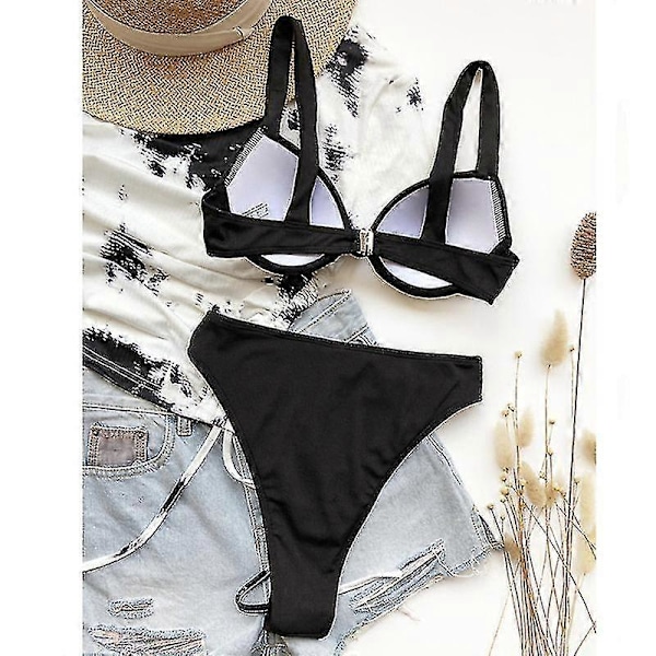 Bikinisett for kvinner med trekantbikini og cover-up, sexy strandklær, todelt badedrakt i ensfarget farge BLACK S