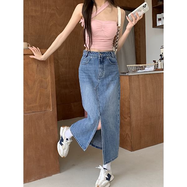 Sommar ny retro blå slits denimkjol för dam, passar till allt M