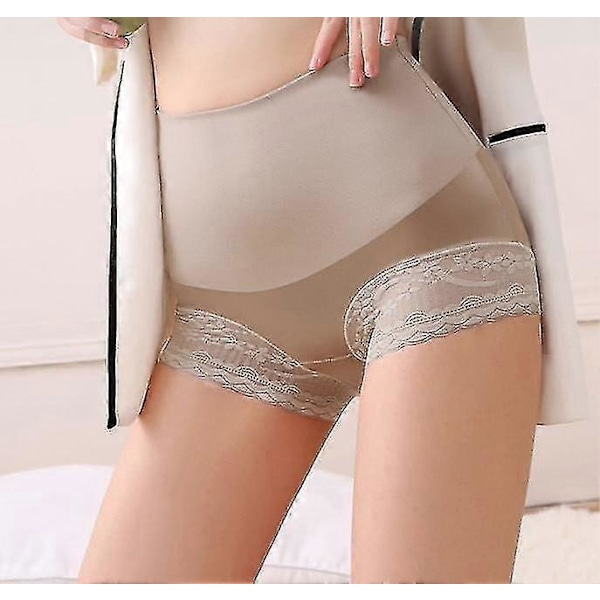 Hög midja Body Shaper Tummy Control Underkläder för kvinnor, sömlösa formande underkläder trosor med spets shapewear Champagne M
