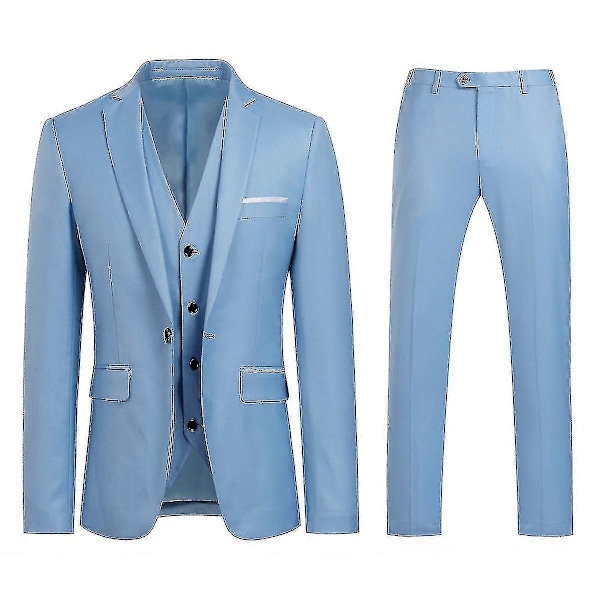 Herre Jakkesæt Business Casual 3-delt Jakkesæt Blazer Bukser Vest 9 Farver Light Blue XS
