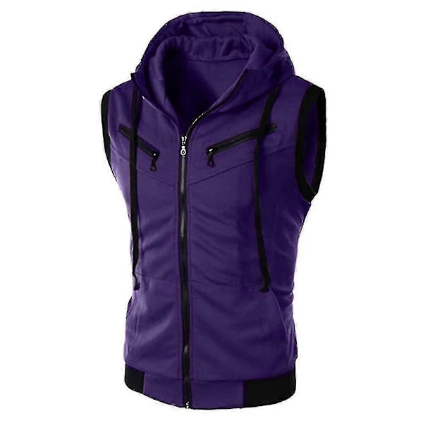 Herre Hætte Full Zip Vest Tanktoppe T-shirt Sport Sommer Purple XL