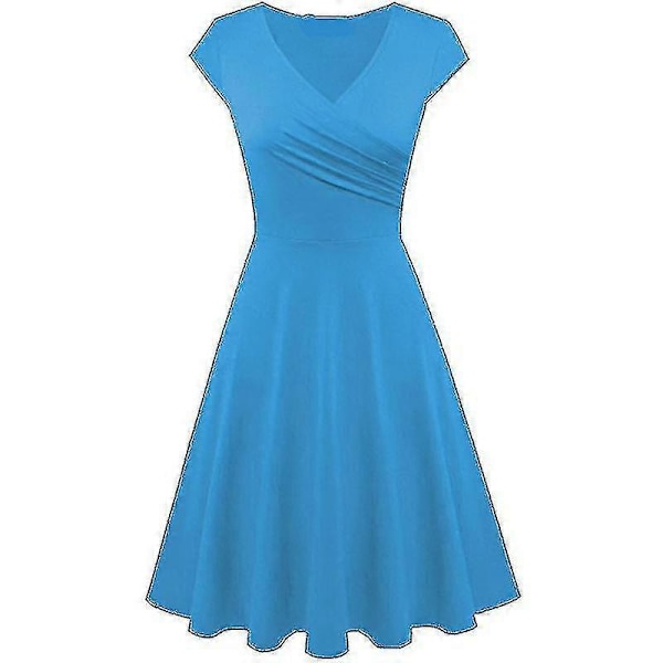 Elegant ensfarget kortarmet V-hals aften cocktail ballkjole sommerkjole for kvinner Light Blue XXL