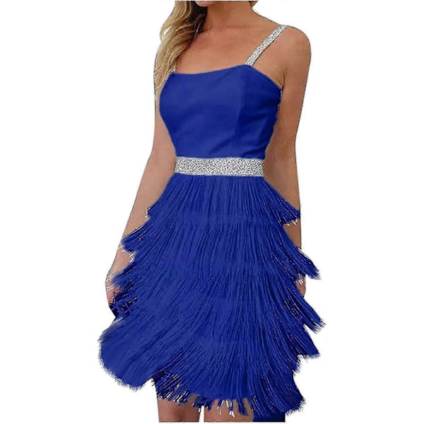 Cocktailkjoler til kvinder Sexet dyb V-hals Allover Frynser Spaghetti Stropper Kjole Pailletter Fjer Prom Festkjole 6-blue XX-Large