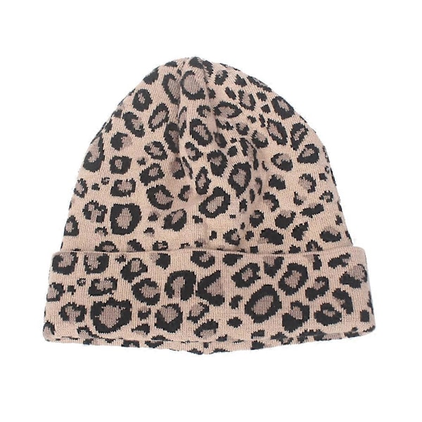 Khakifärgad Leopard Dam Ullstickad Mössa Varm Stickad Mode Beanie för Höst Vinter