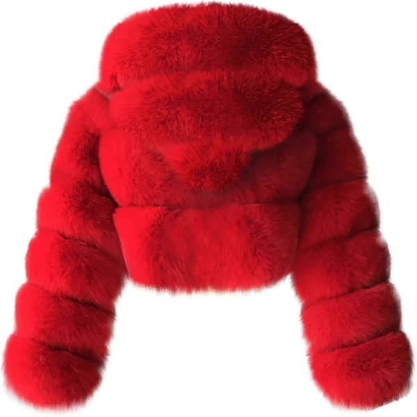 Faux Fur Pelsjakke Dame Med Hætte Cropped Bubble Frakker Fleece Kort Varm Jakke Størrelse Frakker Til Kvinder 3X-Large Red