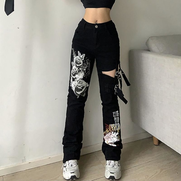 Cyber Y2k byxor Akademiska mörka kläder Hippie lösa jeans style1 S