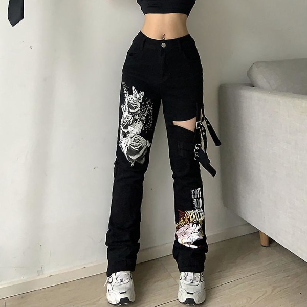 Cyber Y2k Byxor Akademiska Mörka Kläder Hippie Lösa Jeans style2 S